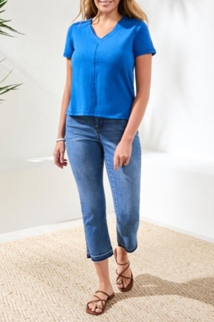 Tribal S/S V NECK TOP W/RIB COMBO-3052O