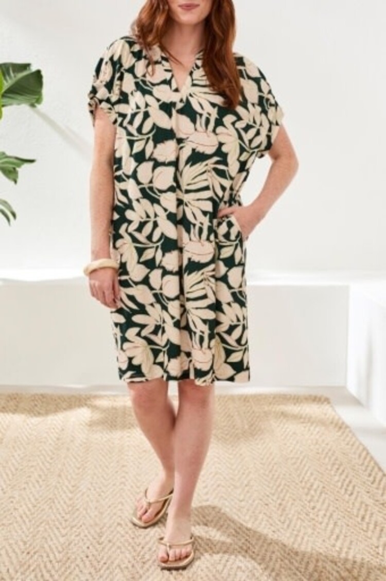 Tribal RUFFLE-SLEEVE NOTCH NECK SHIFT DRESS-5781O