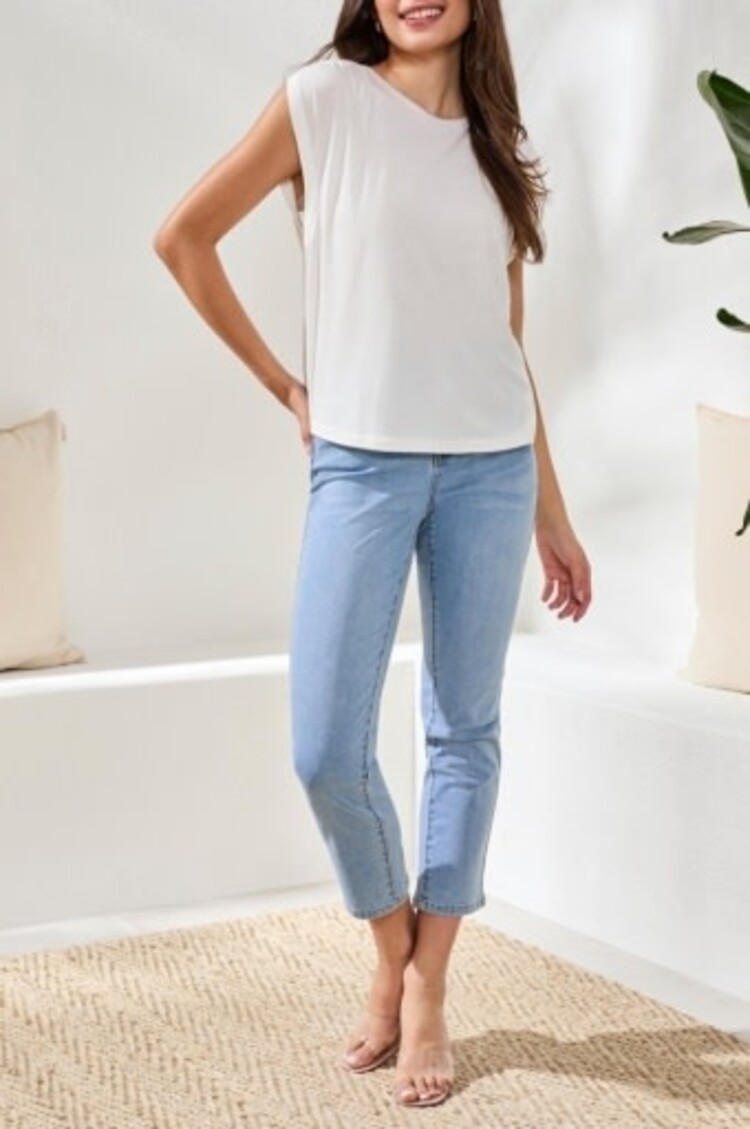 Tribal BOAT NECK CAP SLEEVE TOP W/ PLEATS -6077O