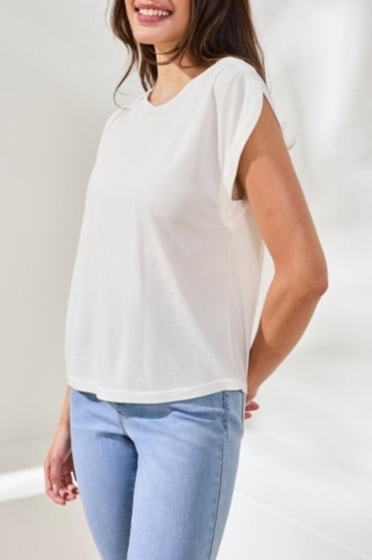 Tribal BOAT NECK CAP SLEEVE TOP W/ PLEATS -6077O