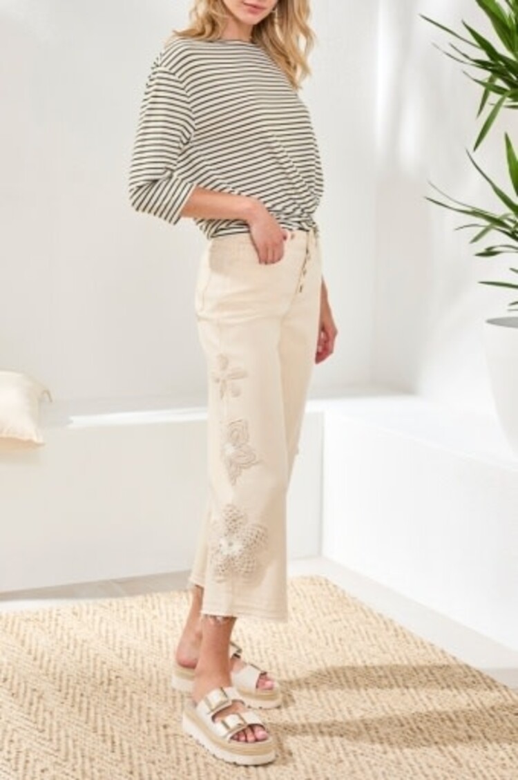 Tribal Tribal Audrey Button Fly Wide Crop Pant W/ Crochet Detail 6101O