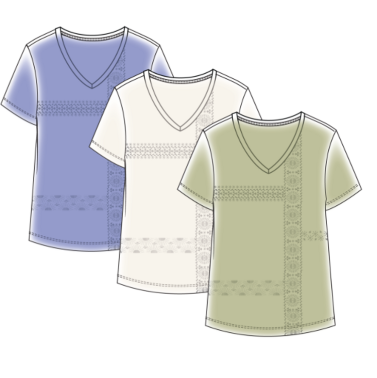 Tribal Tribal Short Sleeve Embroidered V Neck Top W/ Special Wash Effect 6157O