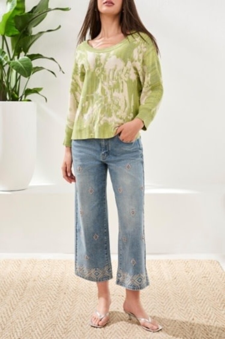 Tribal Tribal U Neck Jacquard 3/4 Sleeve Sweater 6160O