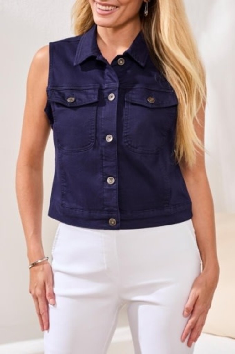 Tribal SLEEVELESS DENIM JACKET W/POCKETS-NAUTICAL