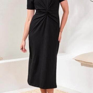 Tribal S/S MIDI DRESS W/FRONT TWIST KNOT DETAIL-BLACK