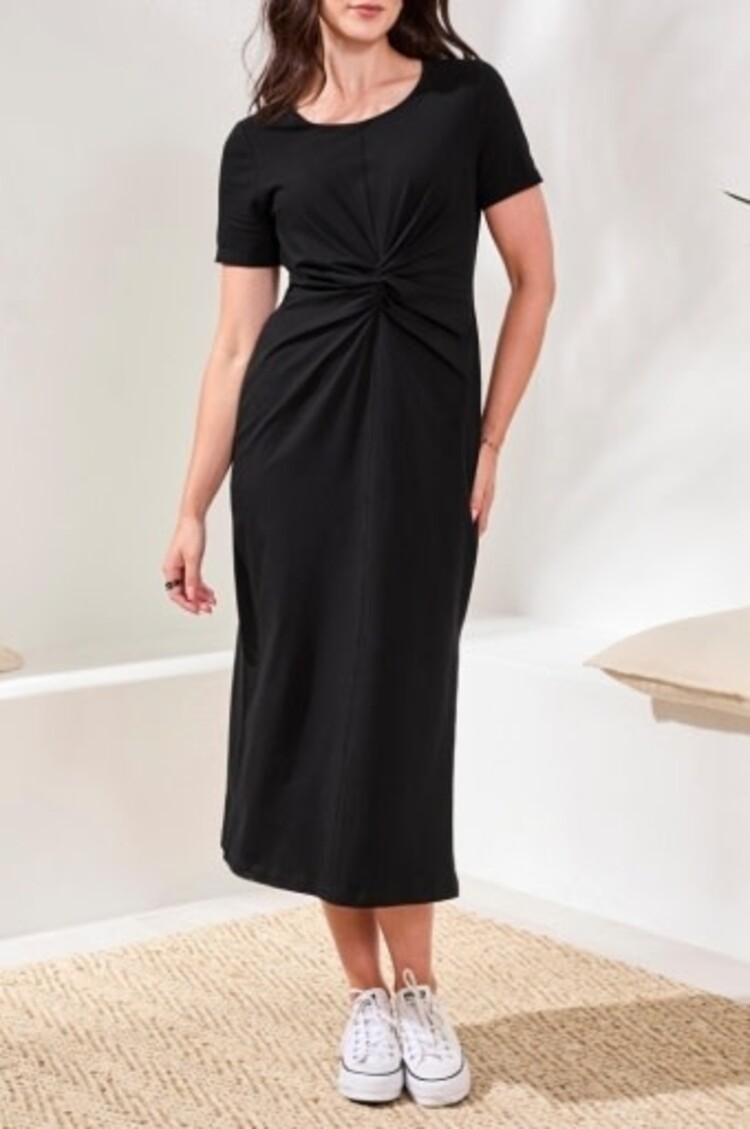 Tribal S/S MIDI DRESS W/FRONT TWIST KNOT DETAIL-BLACK