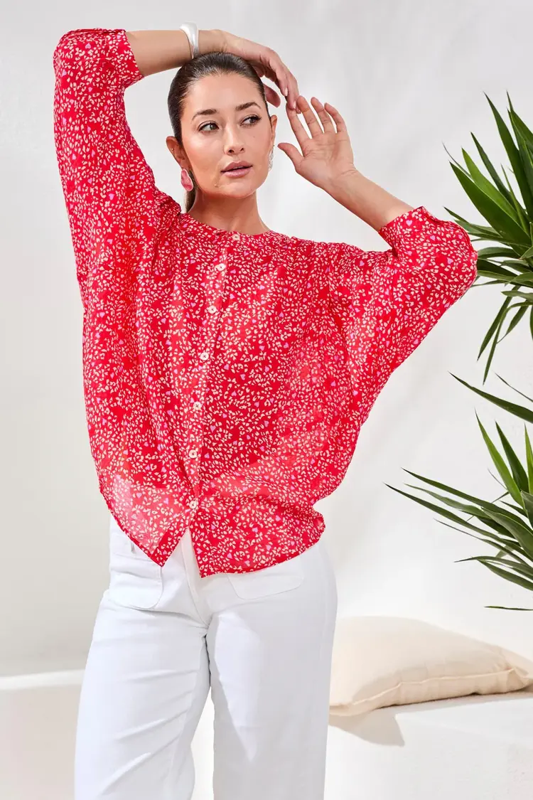Tribal FLOWY DOLMAN SLEEVE BLOUSE WITH SELF-COVERING BUTTONS 5539O