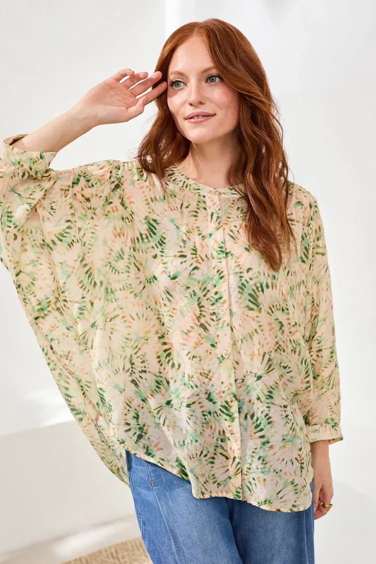 Tribal FLOWY DOLMAN SLEEVE BLOUSE WITH SELF-COVERING BUTTONS 5539O