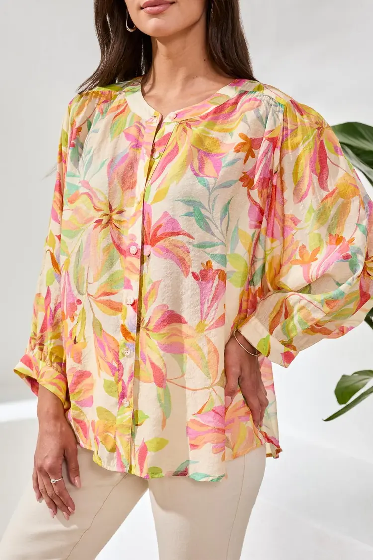 Tribal Tribal Flowy Dolman Sleeve Blouse W/ Self-Covering Buttons 5539O