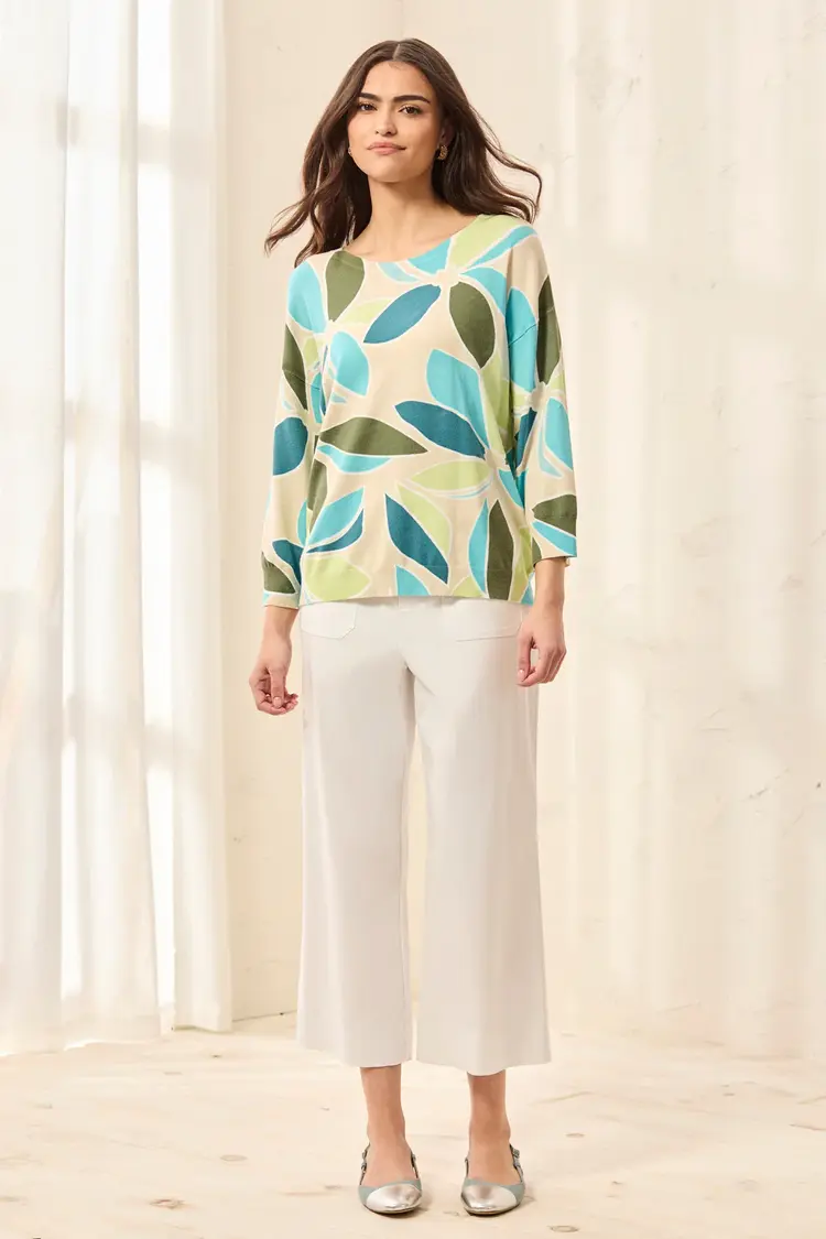 Tribal SOFT YARN THREE-QUARTER SLEEVE CREWNECK SWEATER-TURKISHSEA