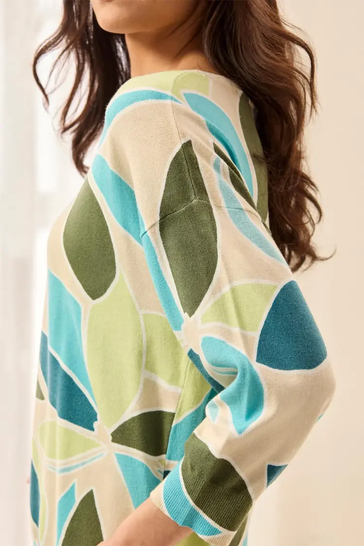 Tribal SOFT YARN THREE-QUARTER SLEEVE CREWNECK SWEATER-TURKISHSEA