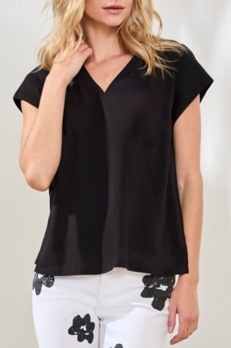 Tribal Tribal Mixed Media Cap Sleeve V Neck Short Sleeve Blouse 6196O