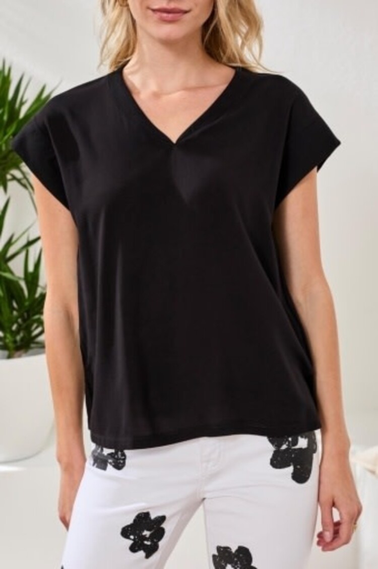 Tribal Tribal Mixed Media Cap Sleeve V Neck Short Sleeve Blouse 6196O