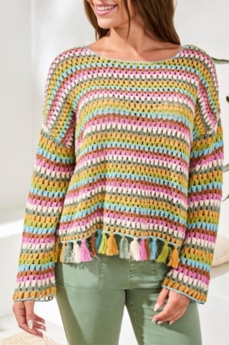 Tribal LONG BELL SLV SWEATER W/TASSELS TRIM-AQUA SKY