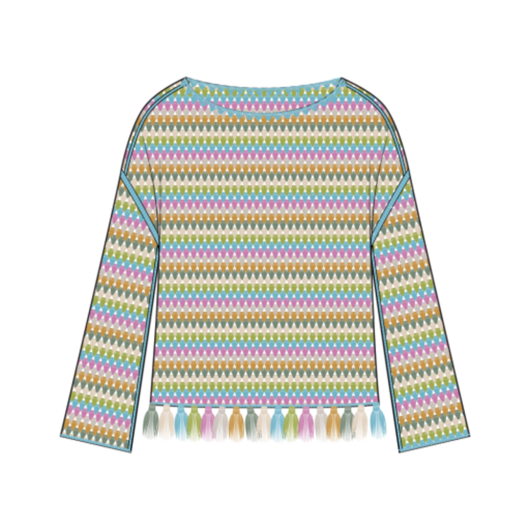 Tribal LONG BELL SLV SWEATER W/TASSELS TRIM-AQUA SKY