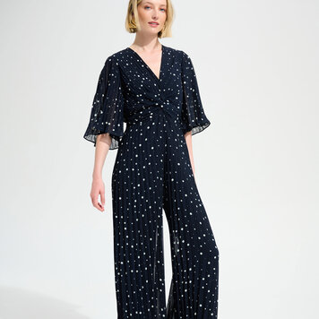 Joseph Ribkoff Joseph Ribkoff Signature | Pleated Chiffon Dot Print Wide Leg Jumpsuit With Knot  261756Detail