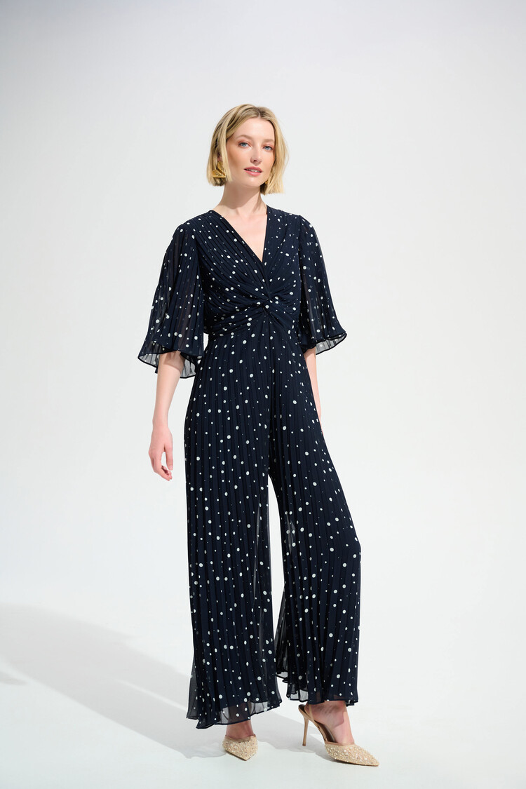 Joseph Ribkoff Joseph Ribkoff Signature | Pleated Chiffon Dot Print Wide Leg Jumpsuit With Knot  261756Detail