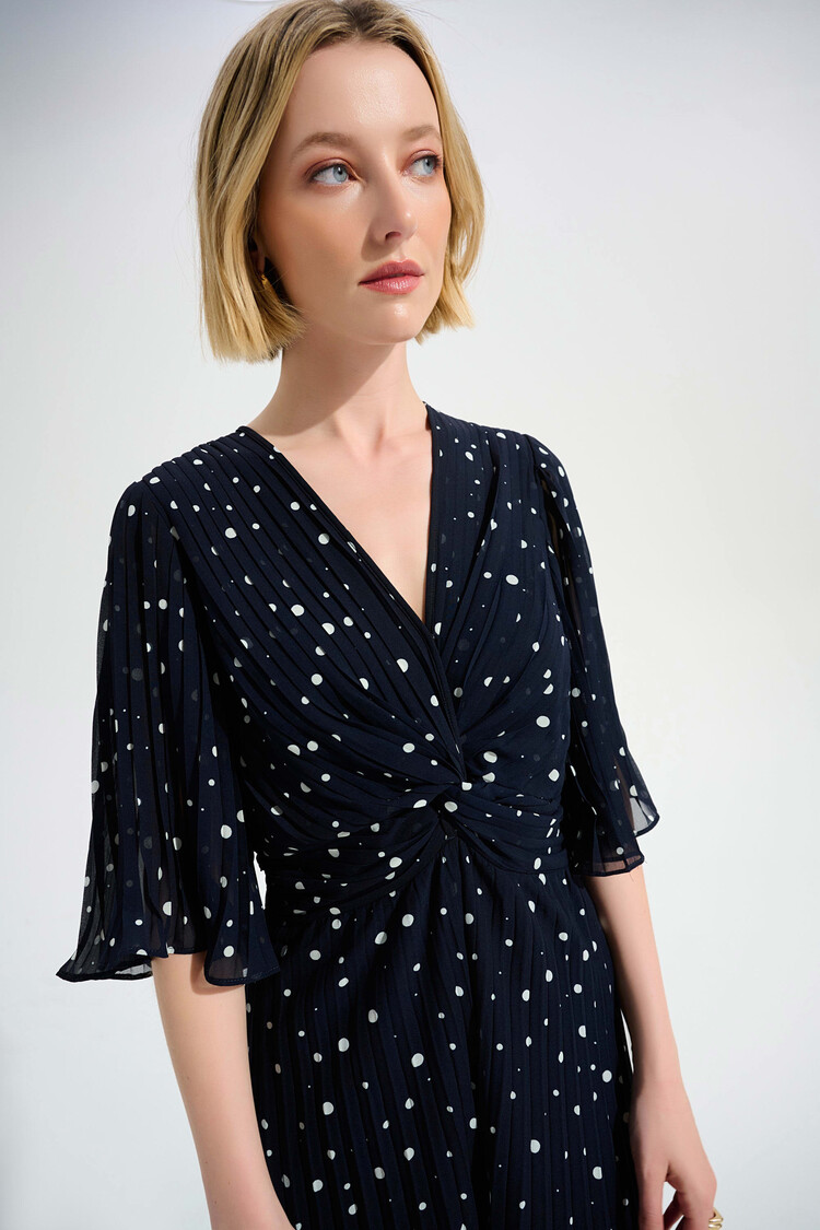 Joseph Ribkoff Joseph Ribkoff Signature | Pleated Chiffon Dot Print Wide Leg Jumpsuit With Knot  261756Detail