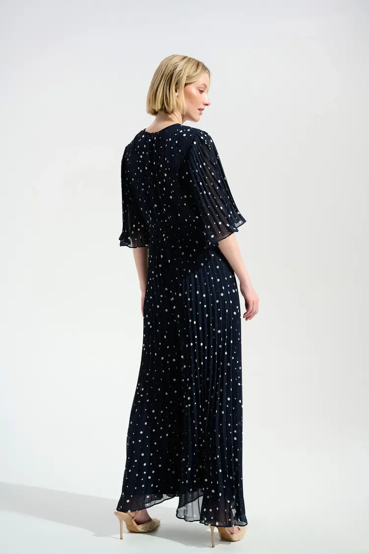 Joseph Ribkoff Joseph Ribkoff Signature | Pleated Chiffon Dot Print Wide Leg Jumpsuit With Knot  261756Detail
