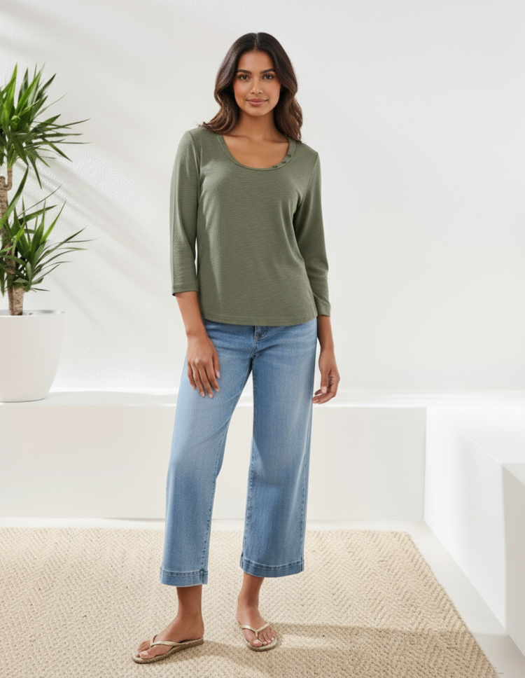 Tribal 3/4 SLV SCOOP NECK TOP W/BUTTONS-2474O