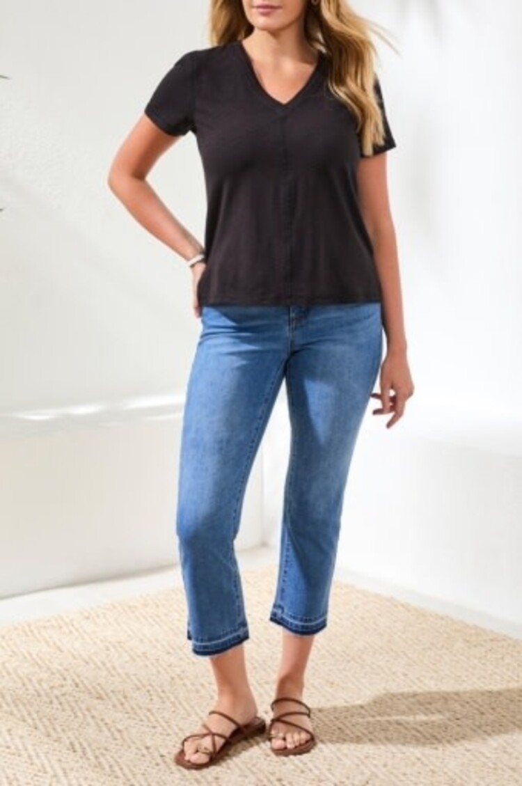 Tribal S/S V NECK TOP W/RIB COMBO-3052O