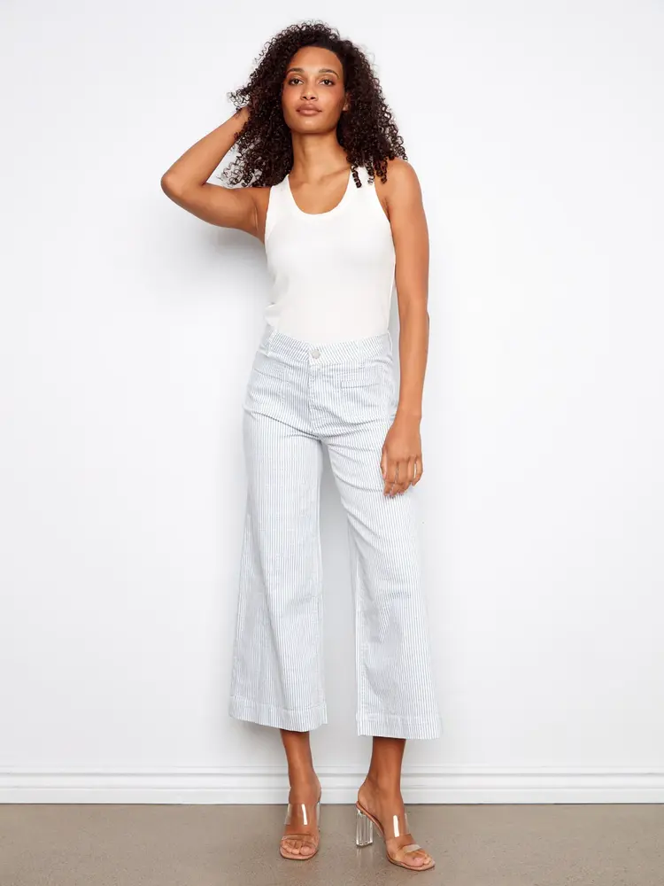 Charlie B Charlie B Striped Twill Cropped patch pocket pant C5538