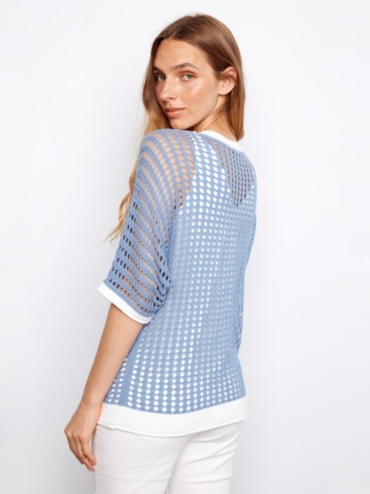 Charlie B Fishnet Dolman Elbow Sleeve Sweater C2953