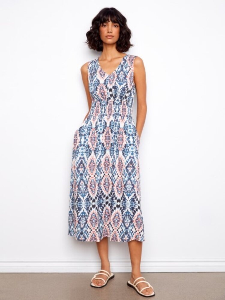 Charlie B Charlie B Printed Viscose Dress W/ Smocking at Waist C3261