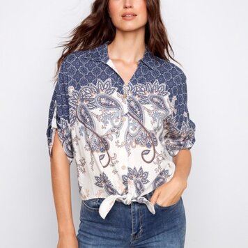Charlie B Charlie B Printed Front Tie Button Front Blouse W/ Ruched Sleeves C4637X