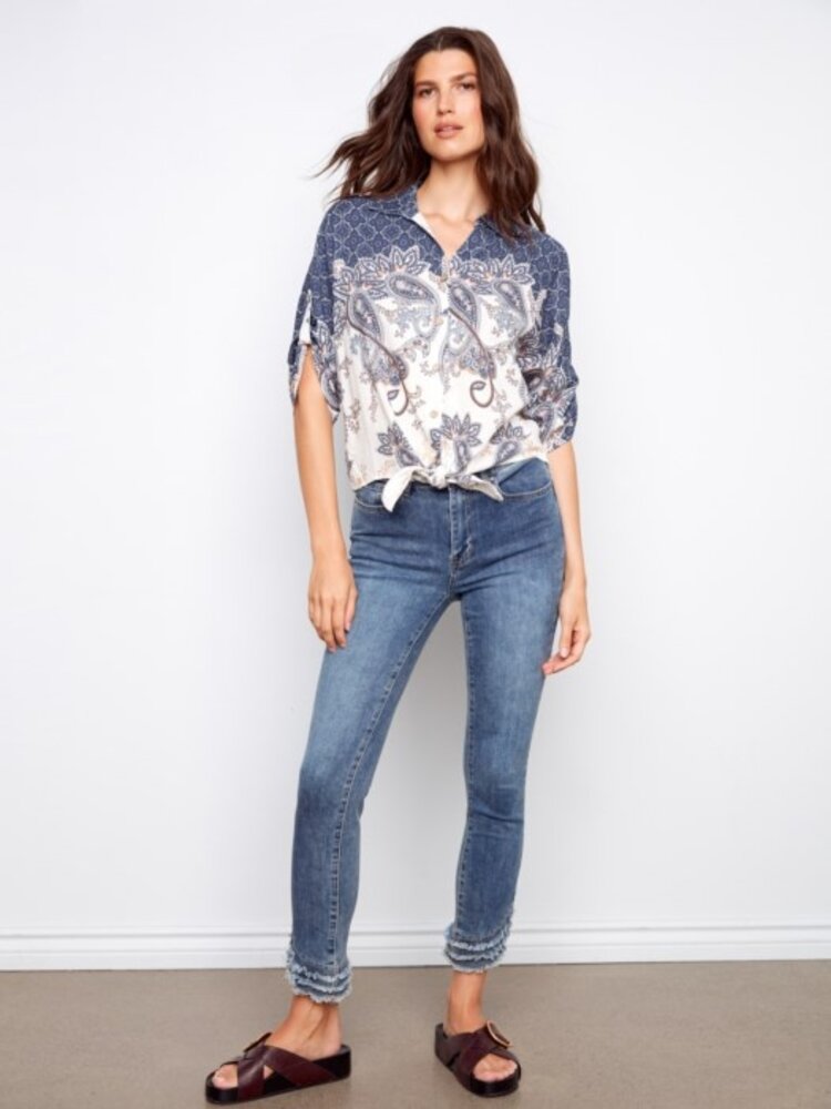 Charlie B Charlie B Printed Front Tie Button Front Blouse W/ Ruched Sleeves C4637X