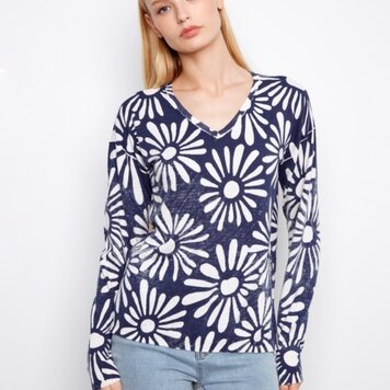 Charlie B Charlie B Long Sleeve Reversible Printed V Neck Sweater C2968