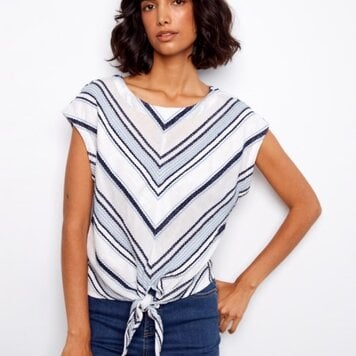 Charlie B Charlie B Striped Cap Sleeve Round Neck Front Tie Top C4271