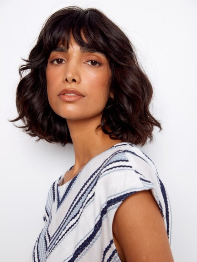 Charlie B Charlie B Striped Cap Sleeve Round Neck Front Tie Top C4271