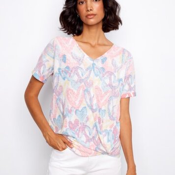 Charlie B Charlie B Printed Short Sleeve V Neck T Shirt W/ Knot Detail C1335Y