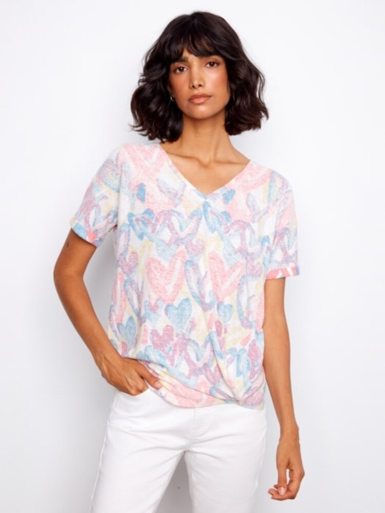 Charlie B Charlie B Printed Short Sleeve V Neck T Shirt W/ Knot Detail C1335Y