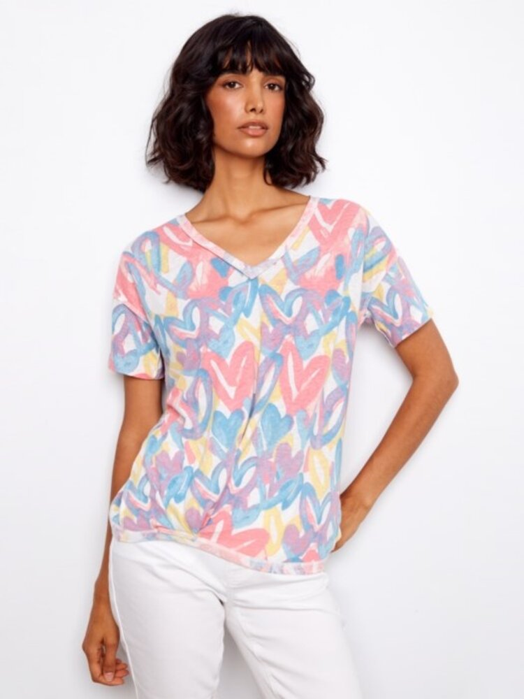 Charlie B Charlie B Printed Short Sleeve V Neck T Shirt W/ Knot Detail C1335Y