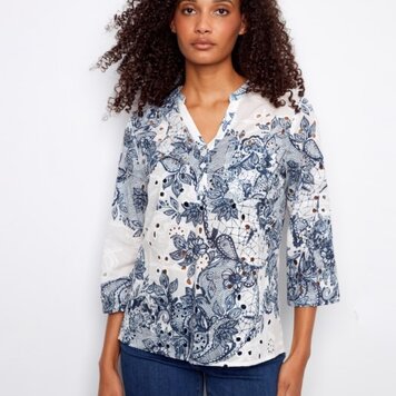 Charlie B Charlie B 3/4 Roll Up Sleeve Printed Eyelet Henley Blouse C4188RR