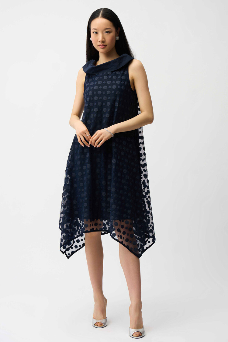 Joseph Ribkoff Joseph Ribkoff Dot Embroidered Mesh Handkerchief Dress With Cowl Collar 261299