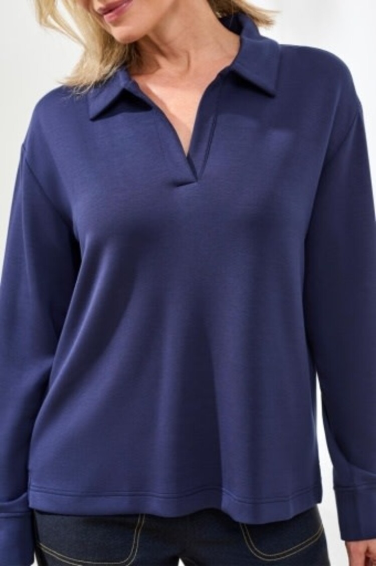 Tribal TECHNO LUX - L/S JOHNNY COLLAR TOP-JET BLUE