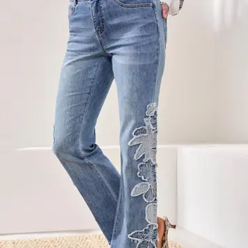 Tribal Tribal Sophia Curvy Flare Pant W/ Denim Appliqué 6107O
