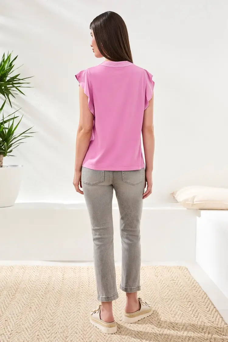 Tribal Tribal Mixed Media Ruffle Sleeve V-Neck Top 6131O