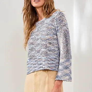 Tribal Tribal Bell Sleeve Open Stitch Crew Neck Sweater 6206O