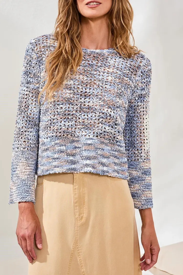 Tribal Tribal Bell Sleeve Open Stitch Crew Neck Sweater 6206O