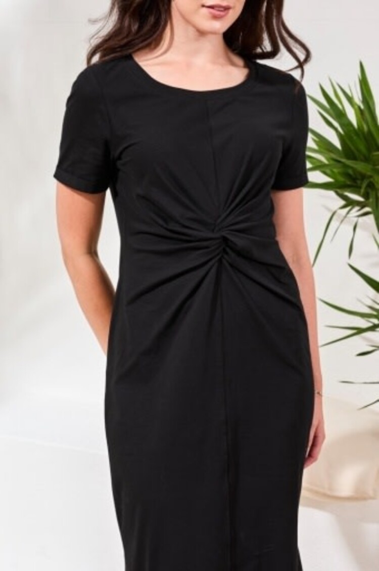 Tribal S/S MIDI DRESS W/FRONT TWIST KNOT DETAIL-BLACK