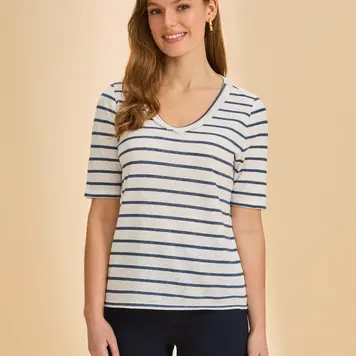 French Dressing Jeans FDJ Elbow Sleeve Fringed Neck Top 3641788