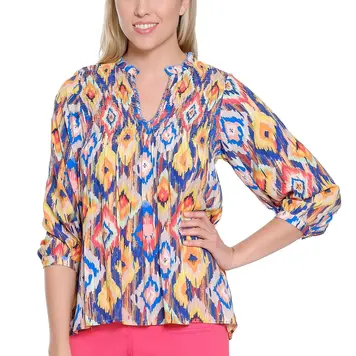 Multiples Tru Luxe Smocked Split Neck Print Top T16483BM