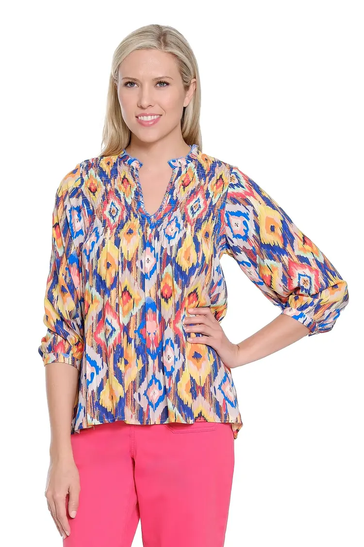 Multiples Tru Luxe Smocked Split Neck Print Top T16483BM