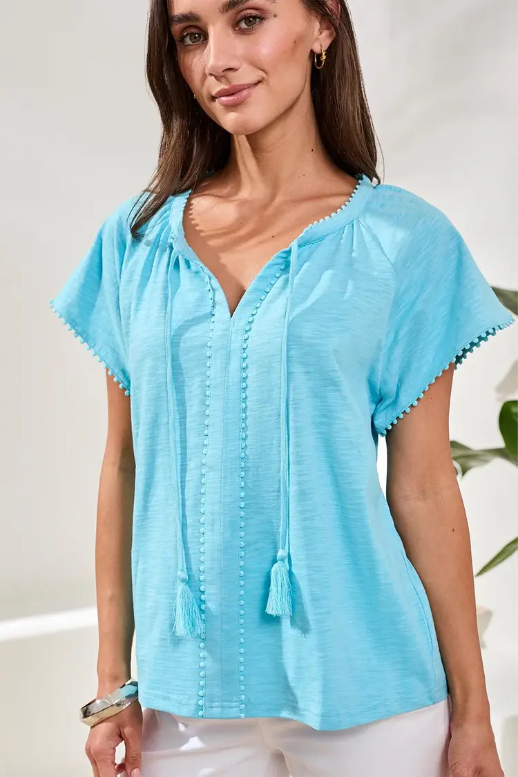 Tribal S/S SPLIT NECK TOP W/TASSEL-2475O