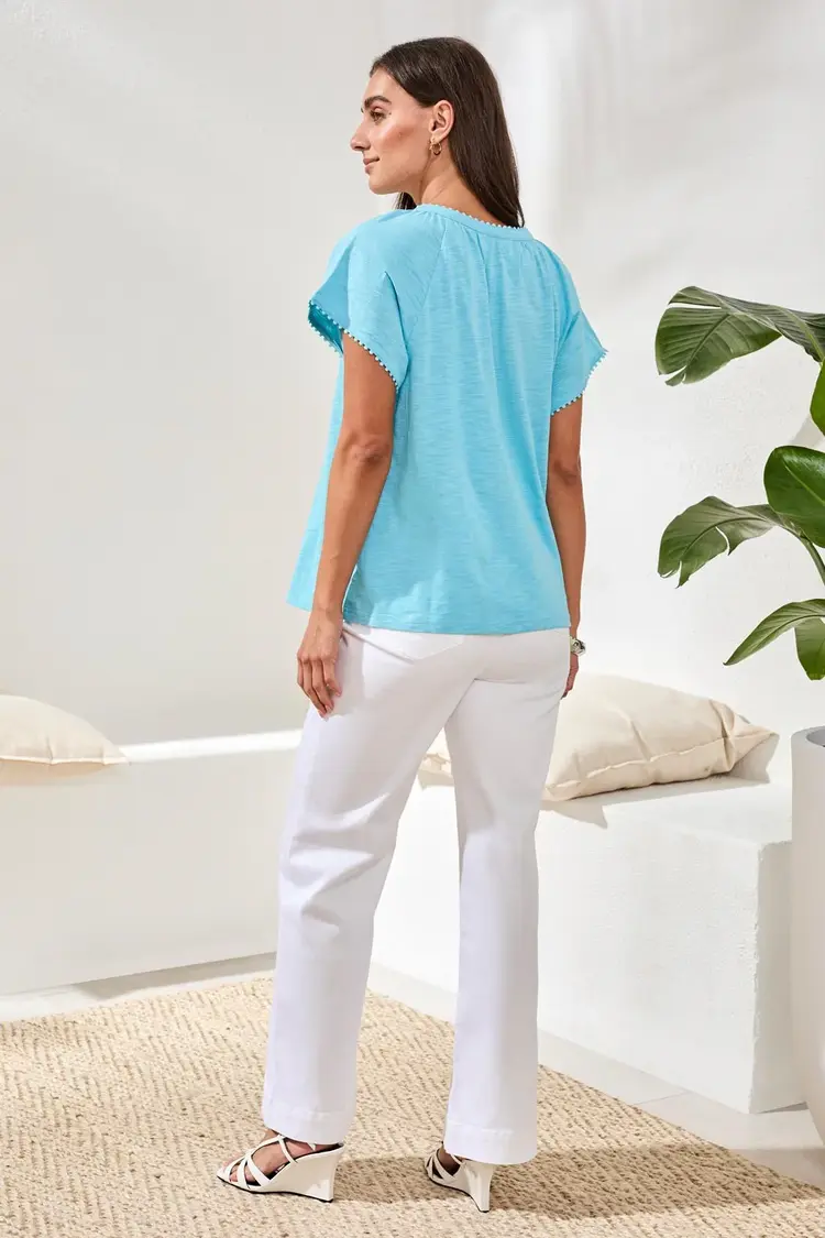 Tribal S/S SPLIT NECK TOP W/TASSEL-2475O