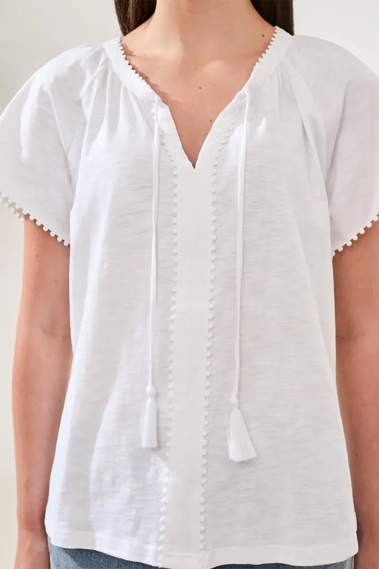 Tribal S/S SPLIT NECK TOP W/TASSEL-2475O